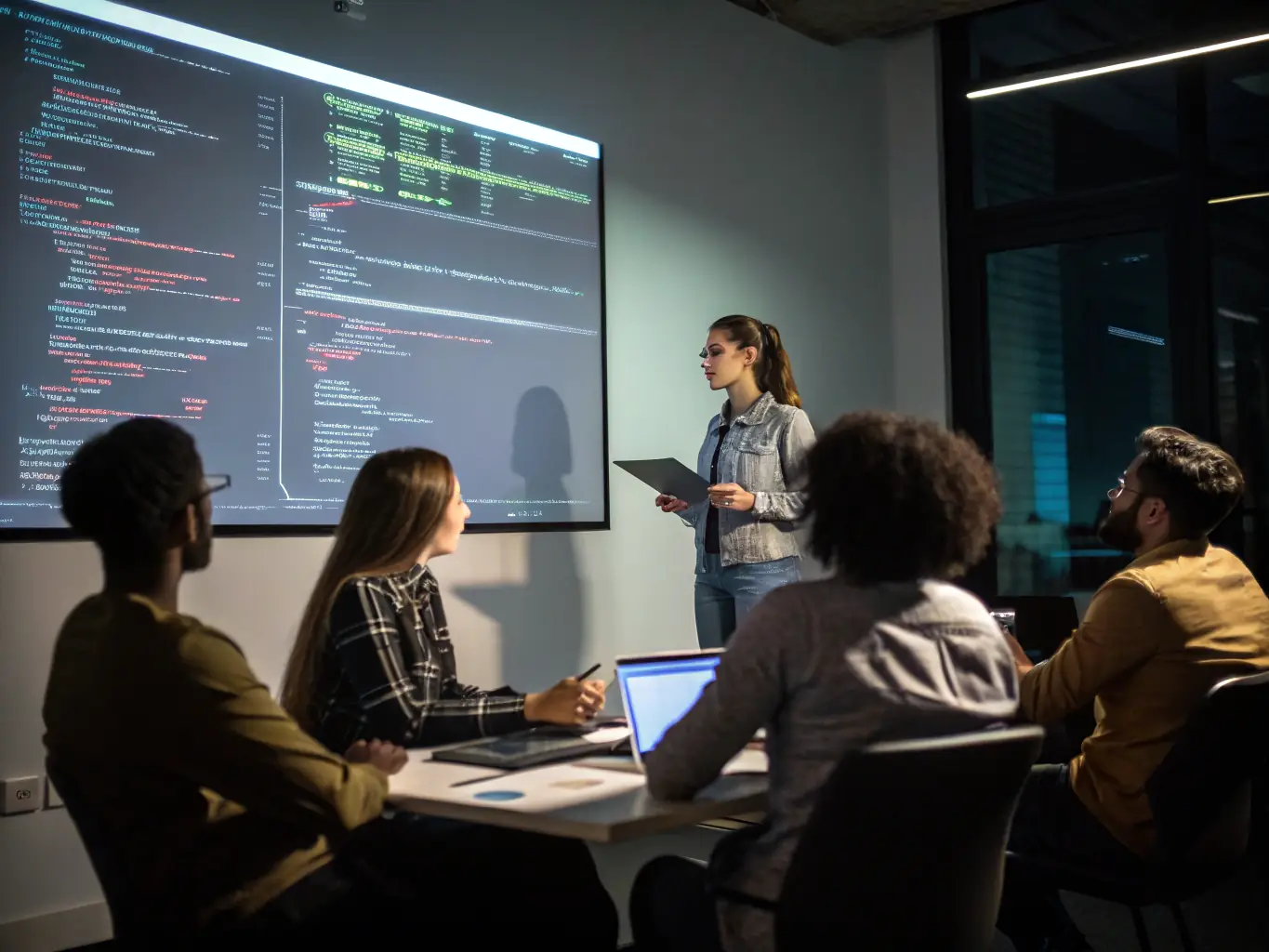 An image of a trainer guiding a group of professionals through an AI prompt engineering exercise. The scene is interactive, with participants experimenting with different prompts and receiving immediate feedback.