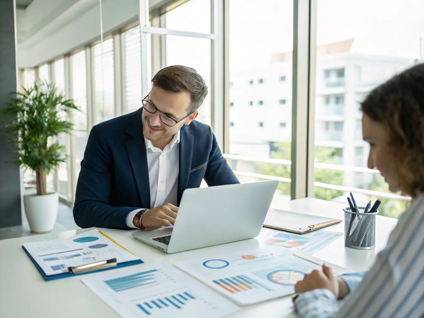 A consultant working with a client on AI strategy, discussing how to align AI initiatives with business goals and improve overall performance.