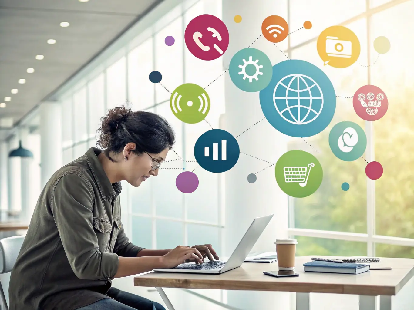 A conceptual image representing the reduction of tech overload through optimized AI usage, showing a person feeling relieved amidst technology icons.