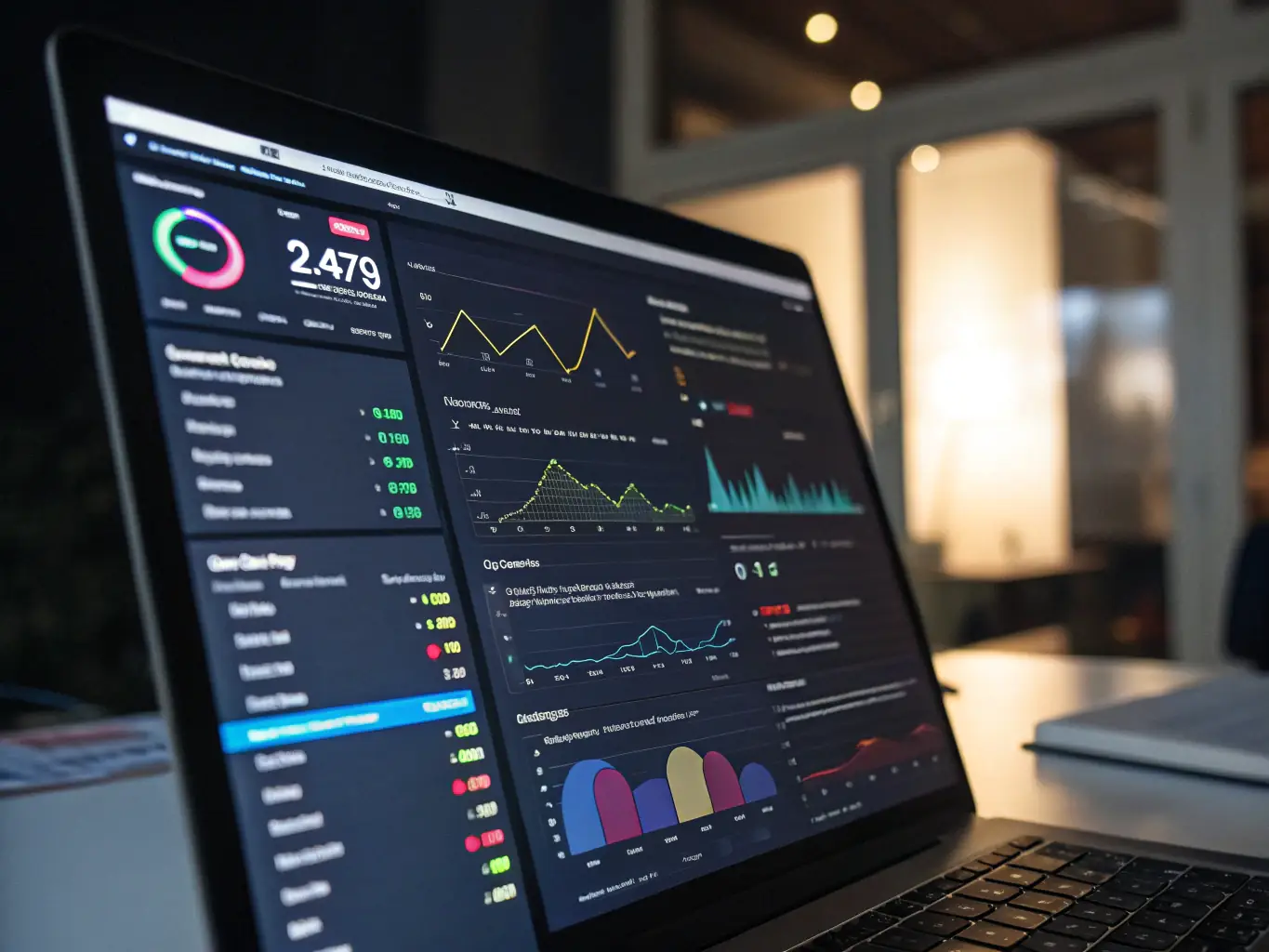 An image of a business executive reviewing AI performance metrics on a dashboard, with a consultant providing insights and recommendations. The focus is on data-driven decision-making and continuous improvement.