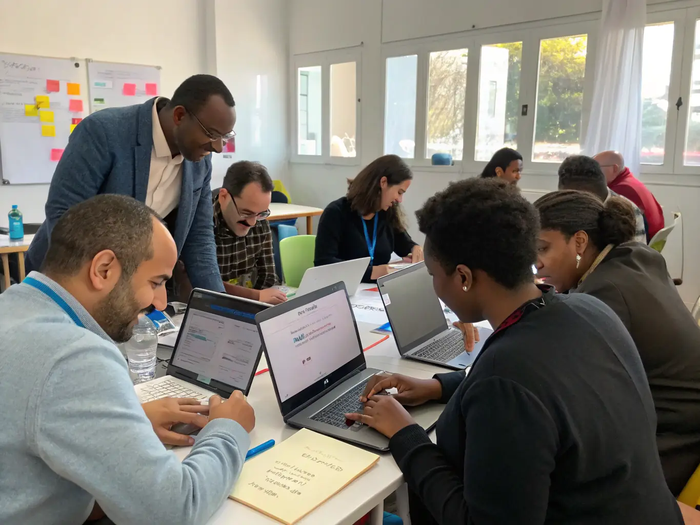 An image of a professional workshop with participants engaging with AI tools and a trainer guiding them through strategies, representing AI Performance Strategy & Training.