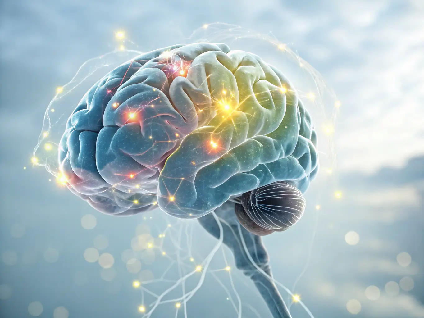 An image depicting the enhancement of creative and critical thinking skills, showing a brain with gears and creative sparks.