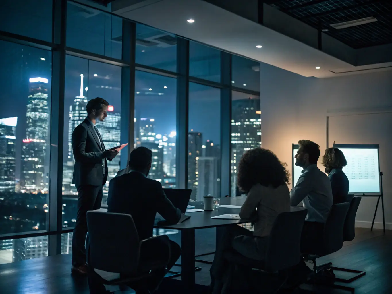 An image of a consultant leading a workshop on AI strategy, with participants actively engaged in discussions and using laptops. The setting is a modern office space, emphasizing collaboration and innovation.
